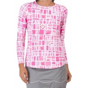 IBKUL Out of the Box Crew Neck Top Long Sleeve Pink/White UPF 50 Golf Large